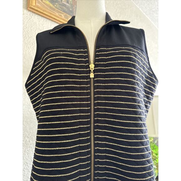 Quilted Puffer Vest Women’s Sz L Striped Black Gold Mock Neck Reversible - Picture 2 of 14